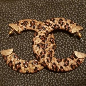 Leopard Print Rattan Weave Gold Tone Hoop Earrings